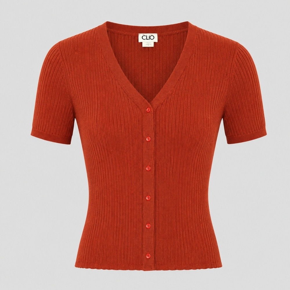 Clio Vintage Burnt Orange Ribbed Short Sleeve Cardigan Sweater V-Neck NWT Medium